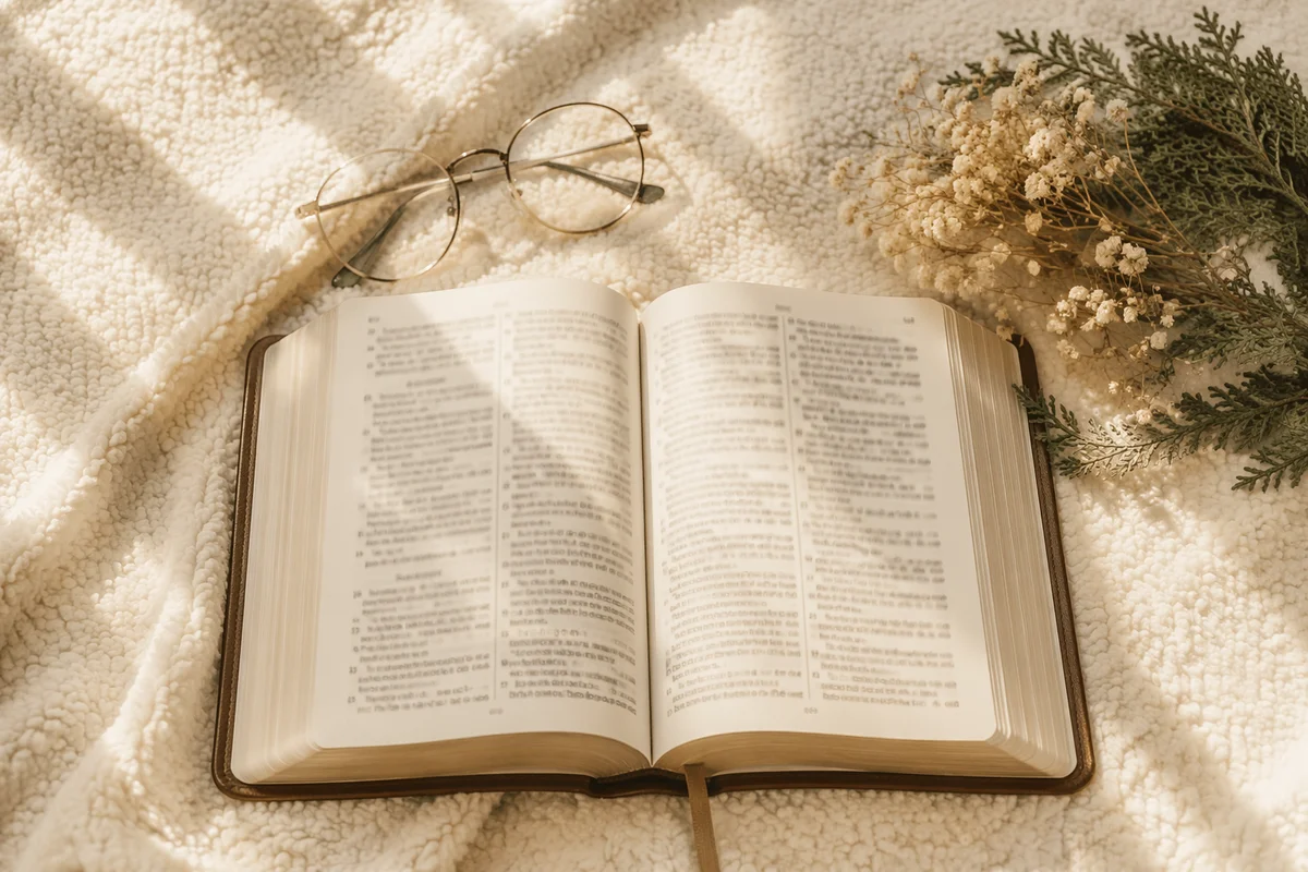 Open Bible With Glasses in Warm Light