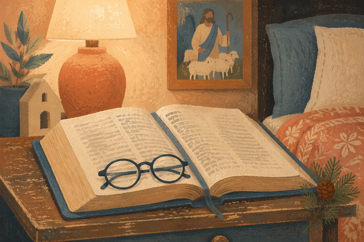 Open Bible with Glasses in Warm Lamplight