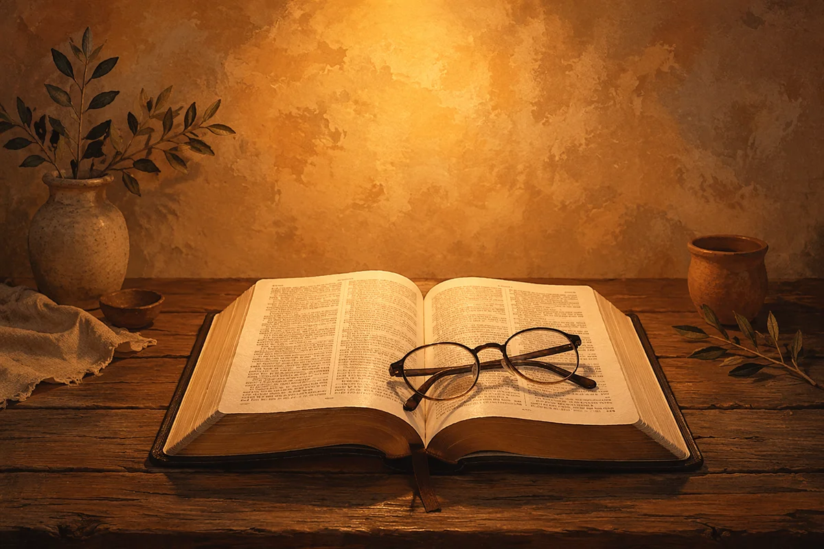 Open Bible with Reading Glasses in Warm Light
