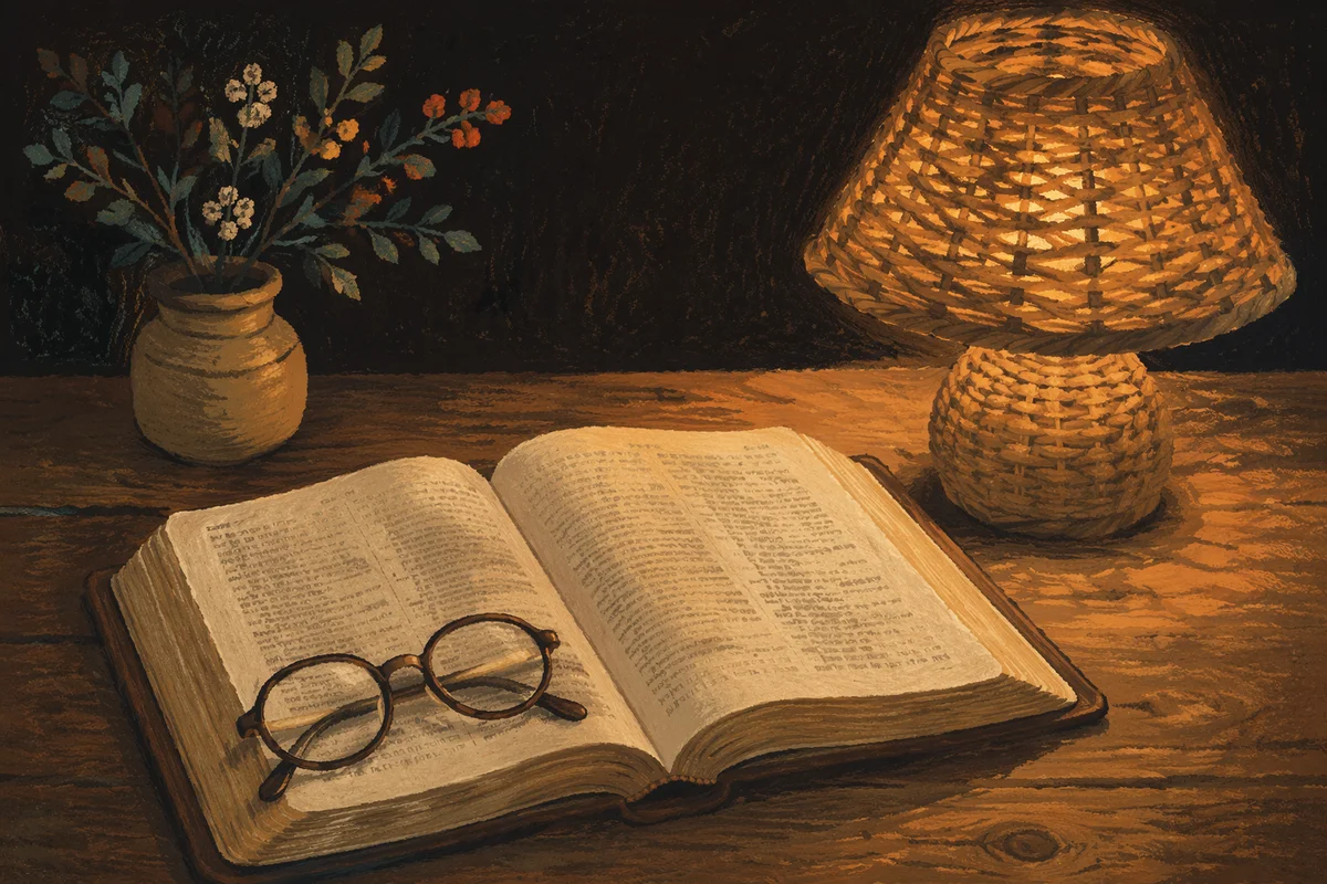 Open Bible and Glasses in Warm Lamplight