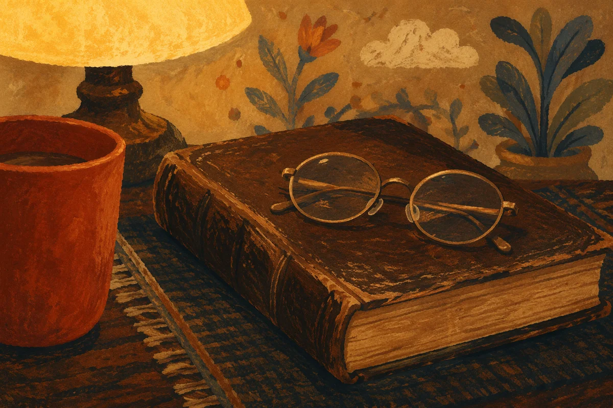 Closed Bible with Glasses and Red Mug