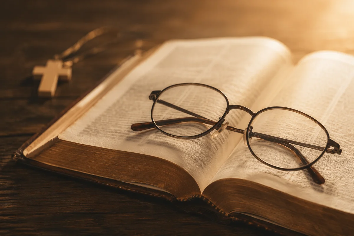 Open Bible With Reading Glasses in Warm Light
