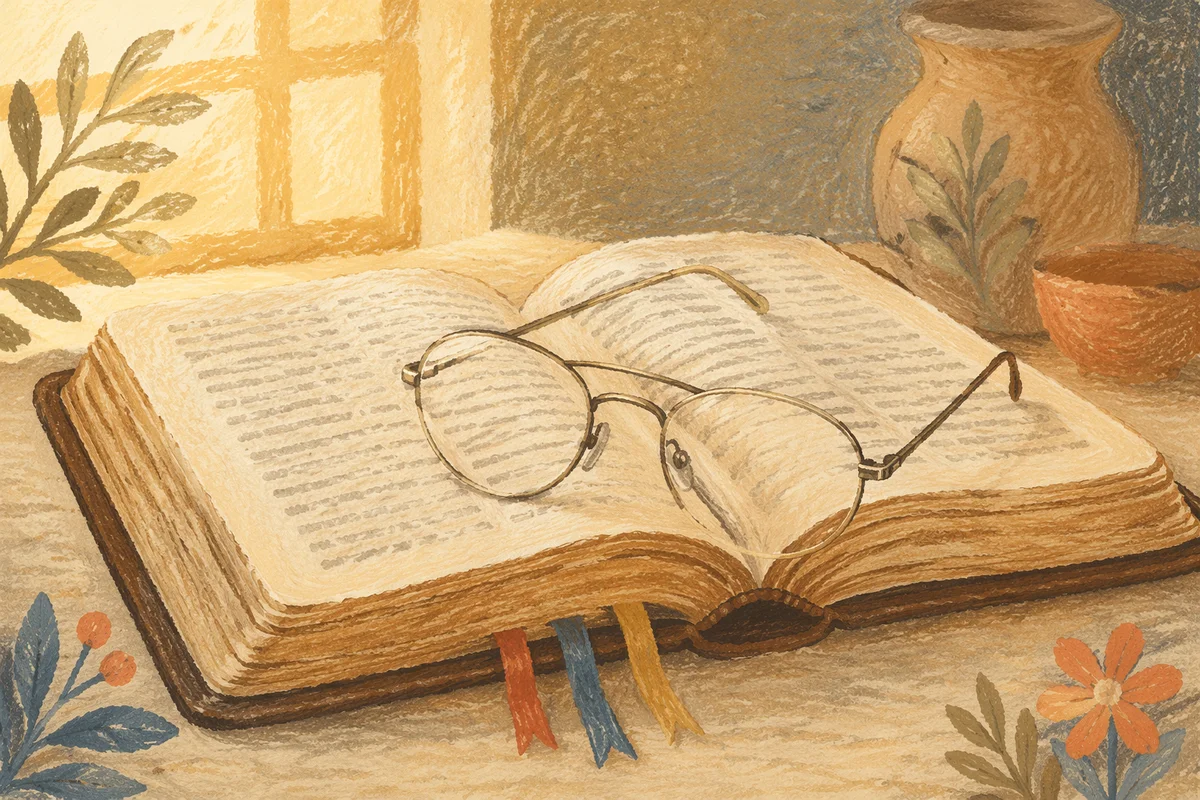 Open Bible with Reading Glasses in Warm Light