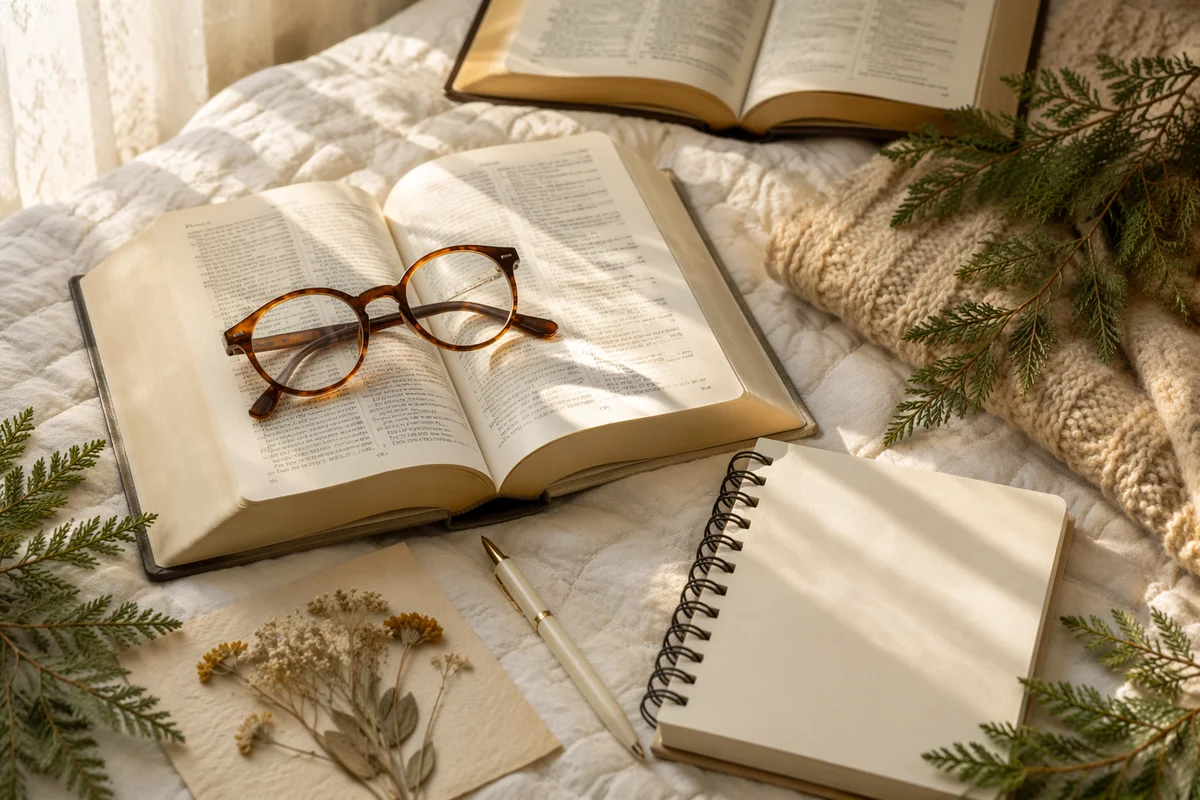 Bible and Reading Glasses in Warm Light
