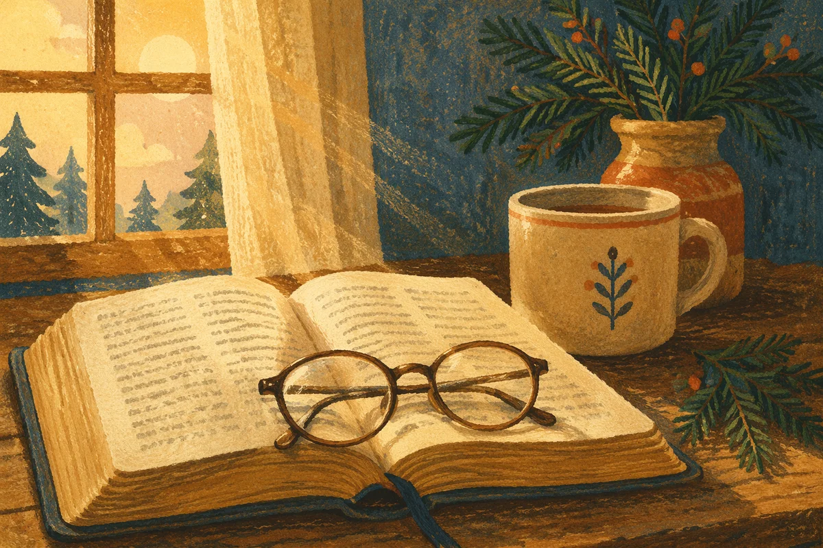Open Bible with Reading Glasses in Warm Light