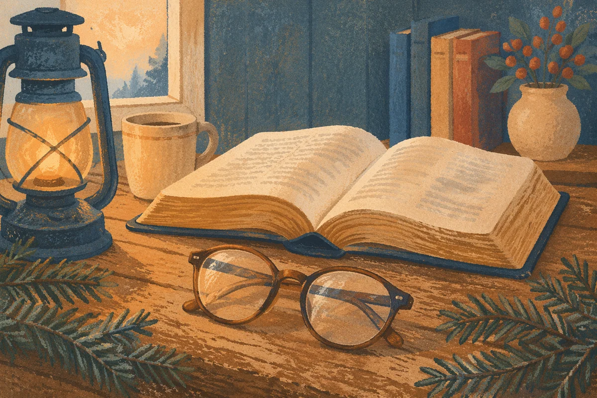 Open Bible and Glasses in Warm Lamplight