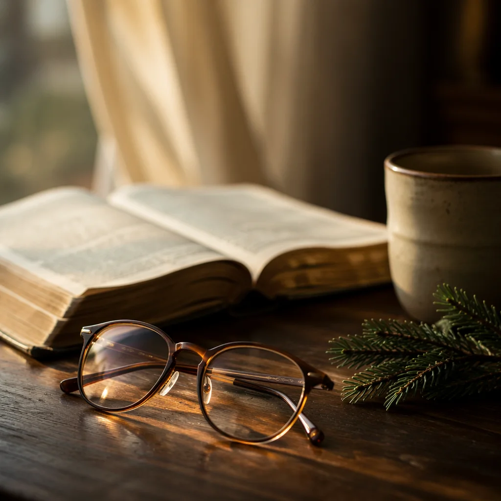 Open Bible and Glasses in Warm Light