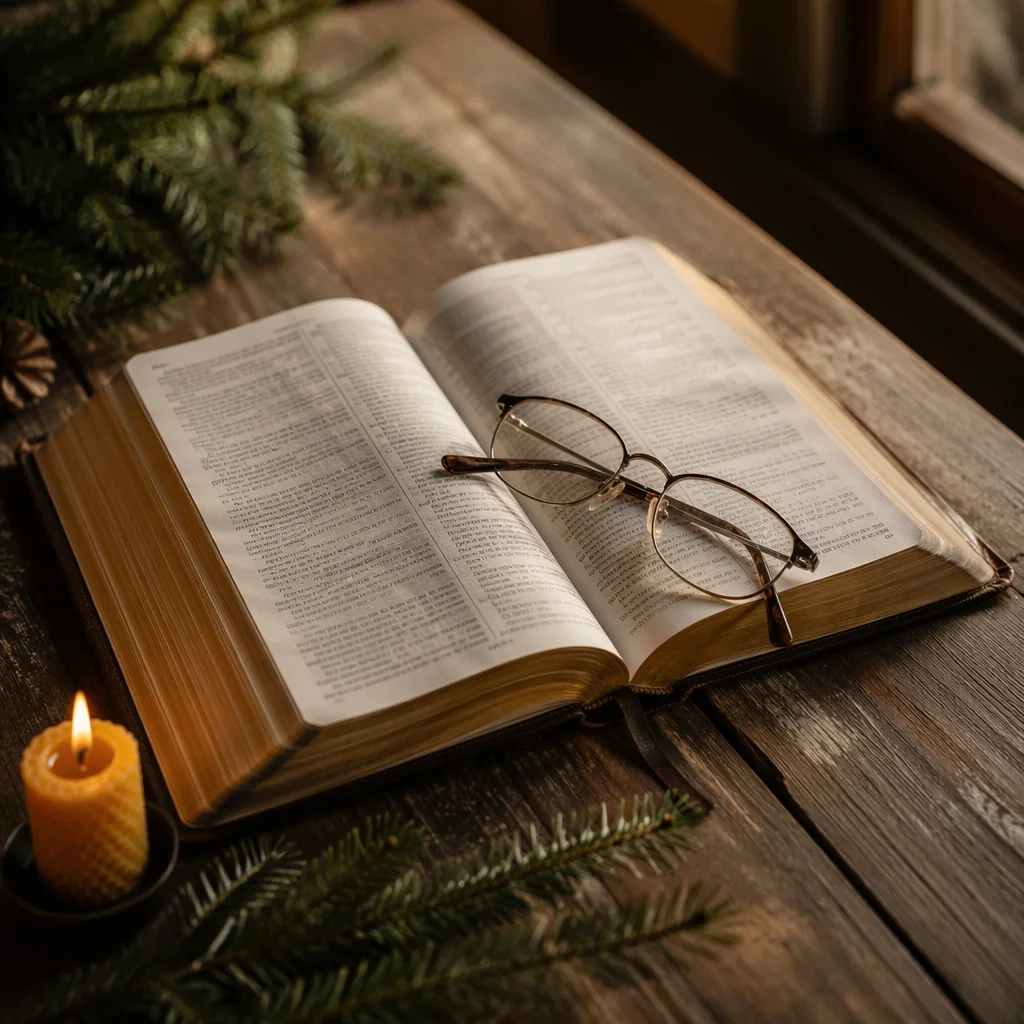 Open Bible with Glasses in Warm Light