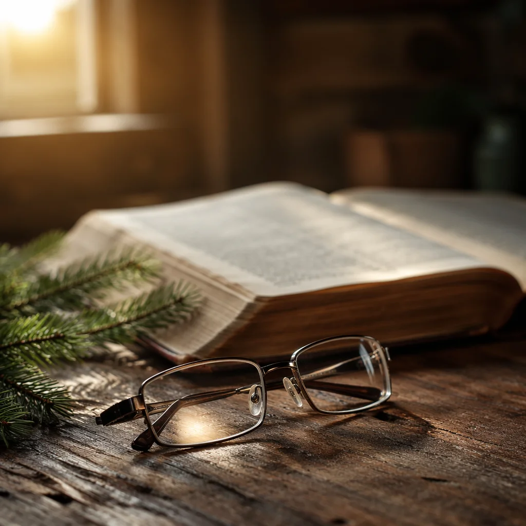 Open Bible with Glasses in Warm Light