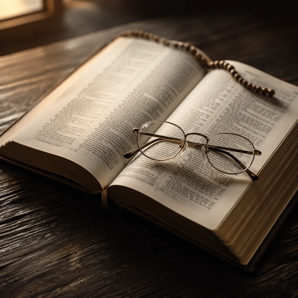 Open Bible with Reading Glasses in Warm Light
