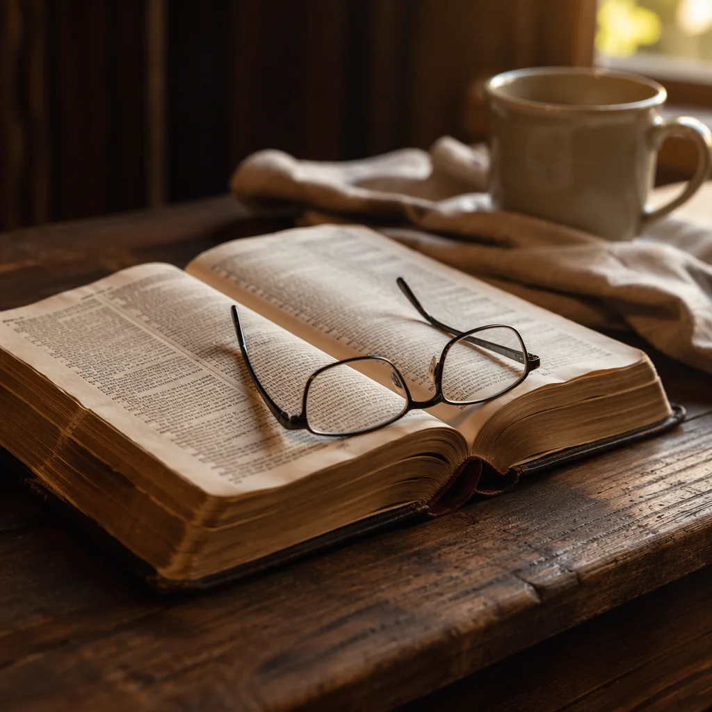 Open Bible with Reading Glasses in Warm Light