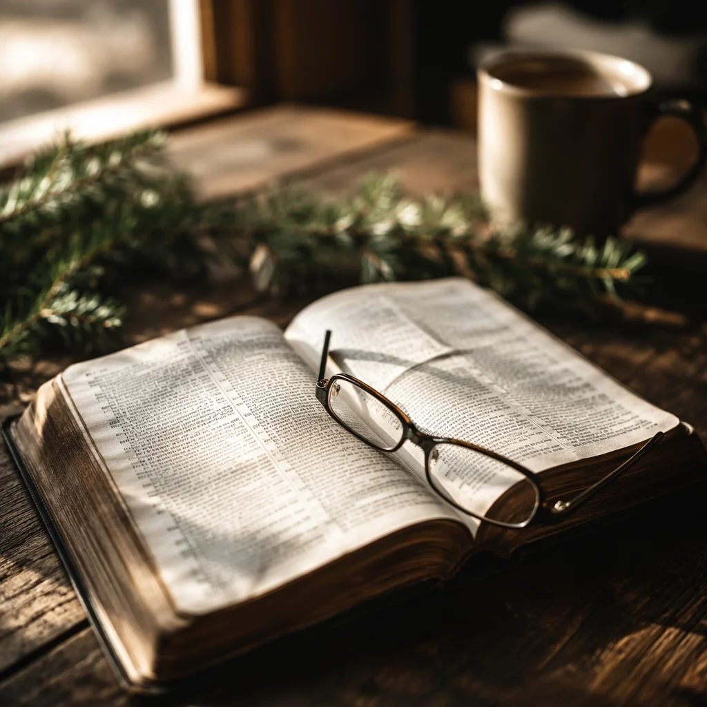 Open Bible with Glasses in Warm Light