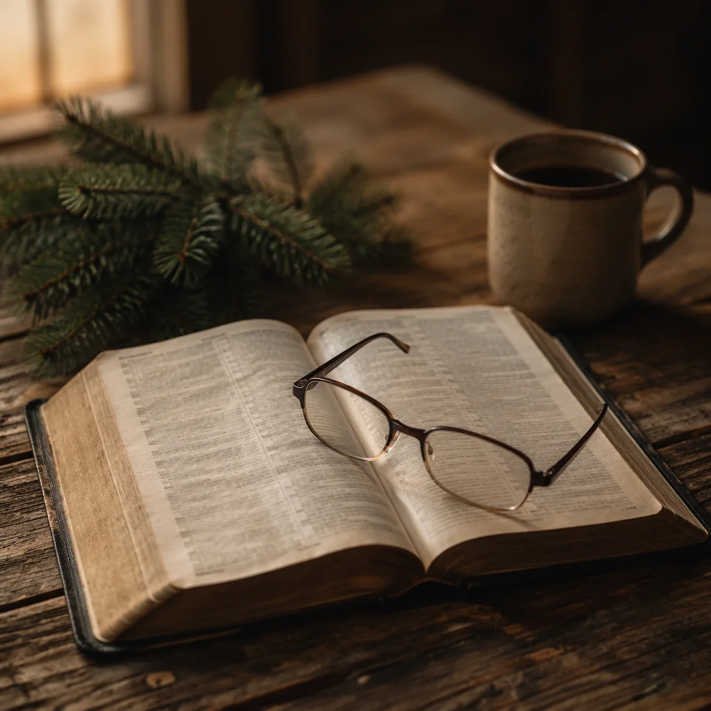 Open Bible with Glasses in Warm Light