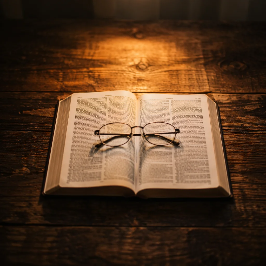 Open Bible with Reading Glasses in Warm Light