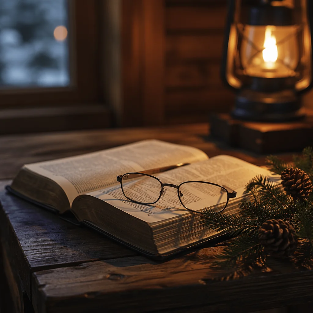 Open Bible with Glasses in Warm Cabin Light