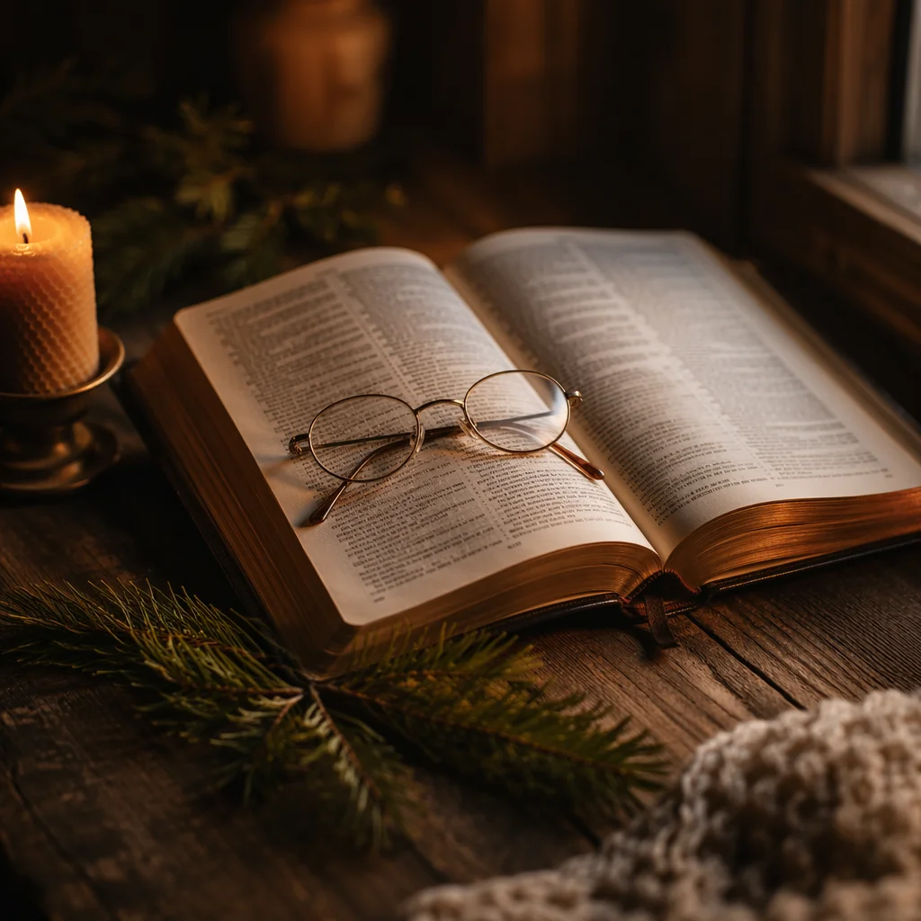 Bible with Reading Glasses in Warm Light