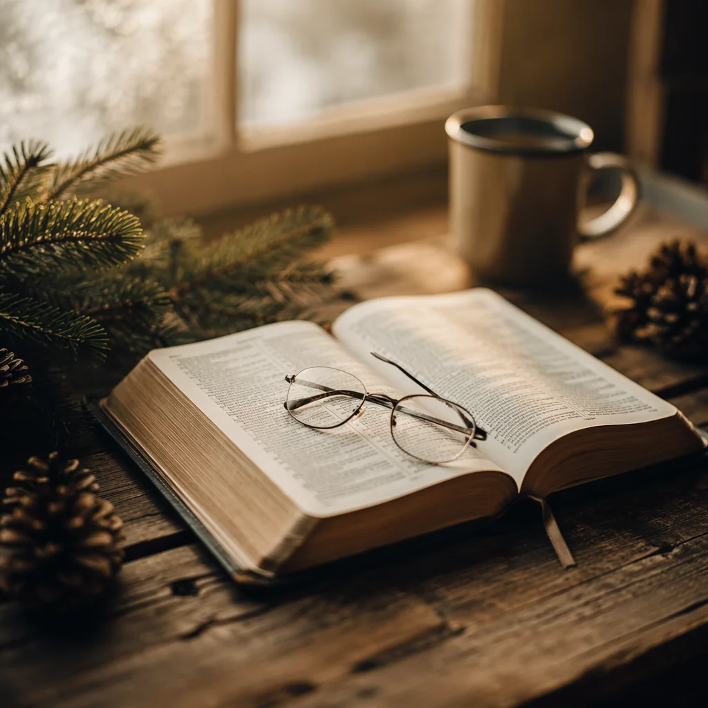 Open Bible With Glasses in Warm Evergreen Light