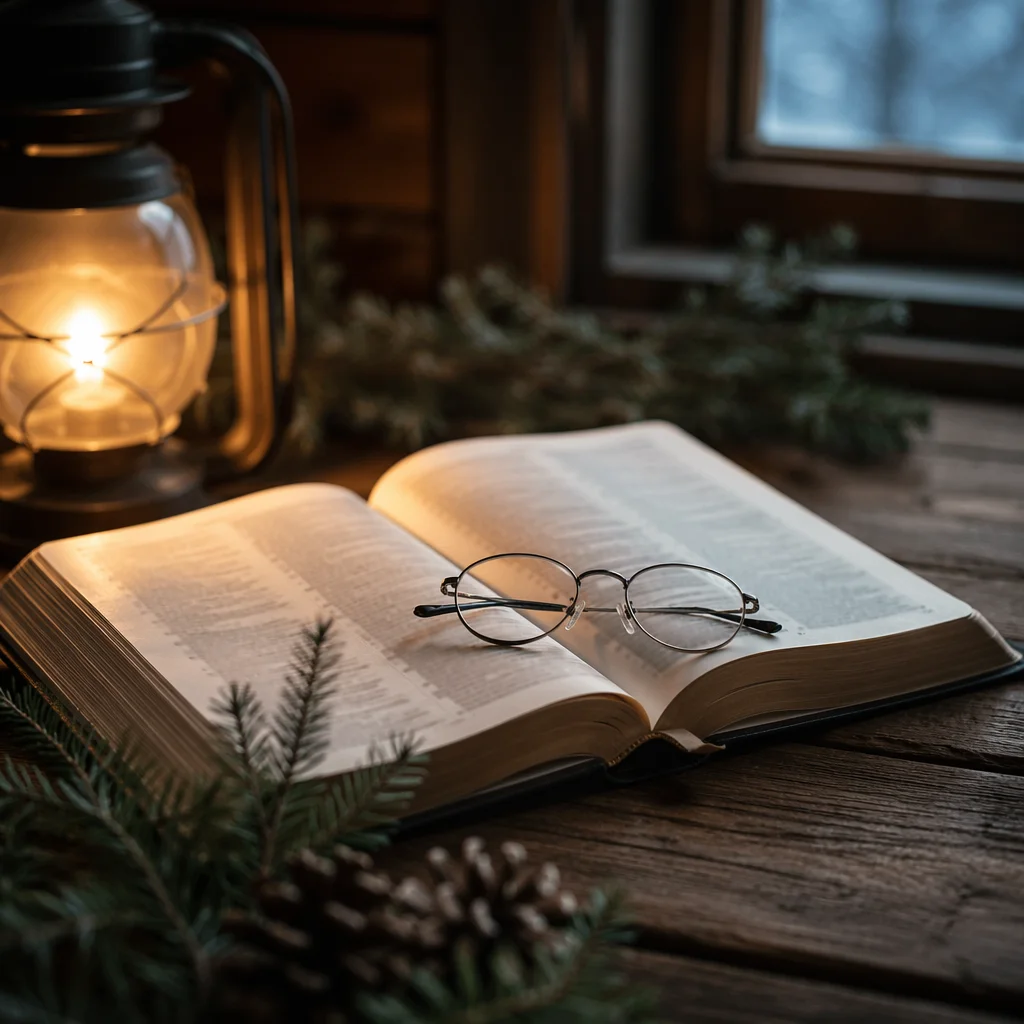 Open Bible with Glasses in Warm Lamplight