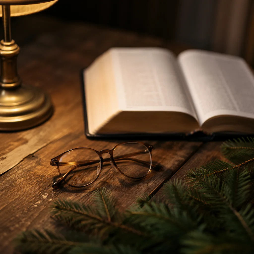 Open Bible and Glasses in Warm Lamplight