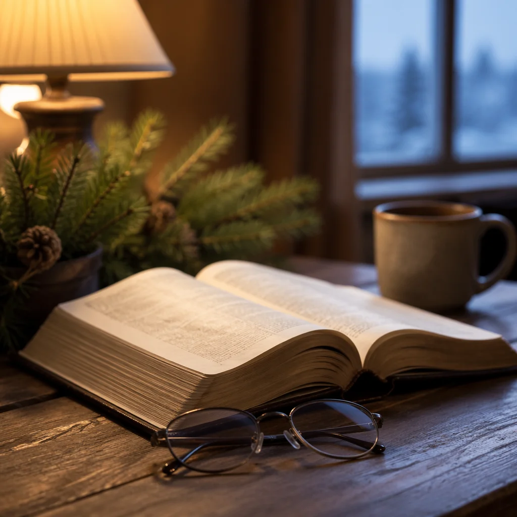 Open Bible with Glasses on Wooden Table