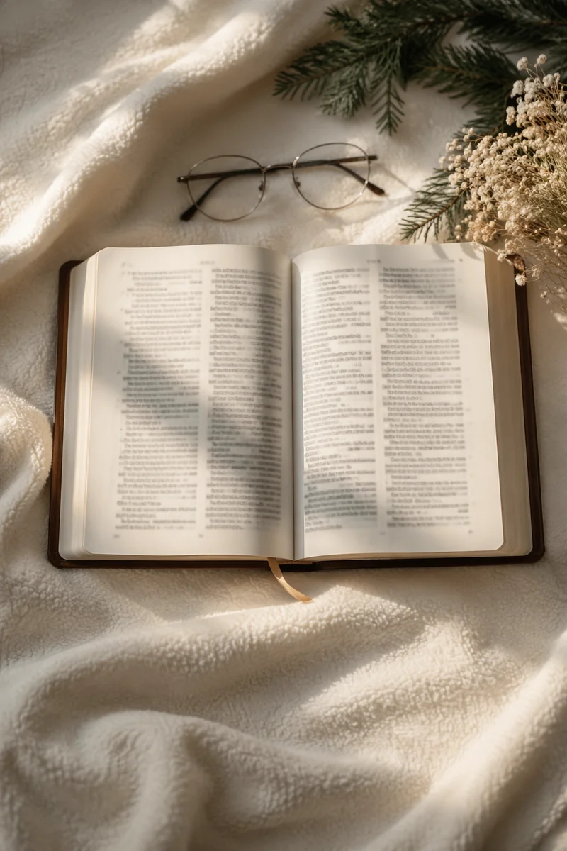 Open Bible with Reading Glasses in Warm Light