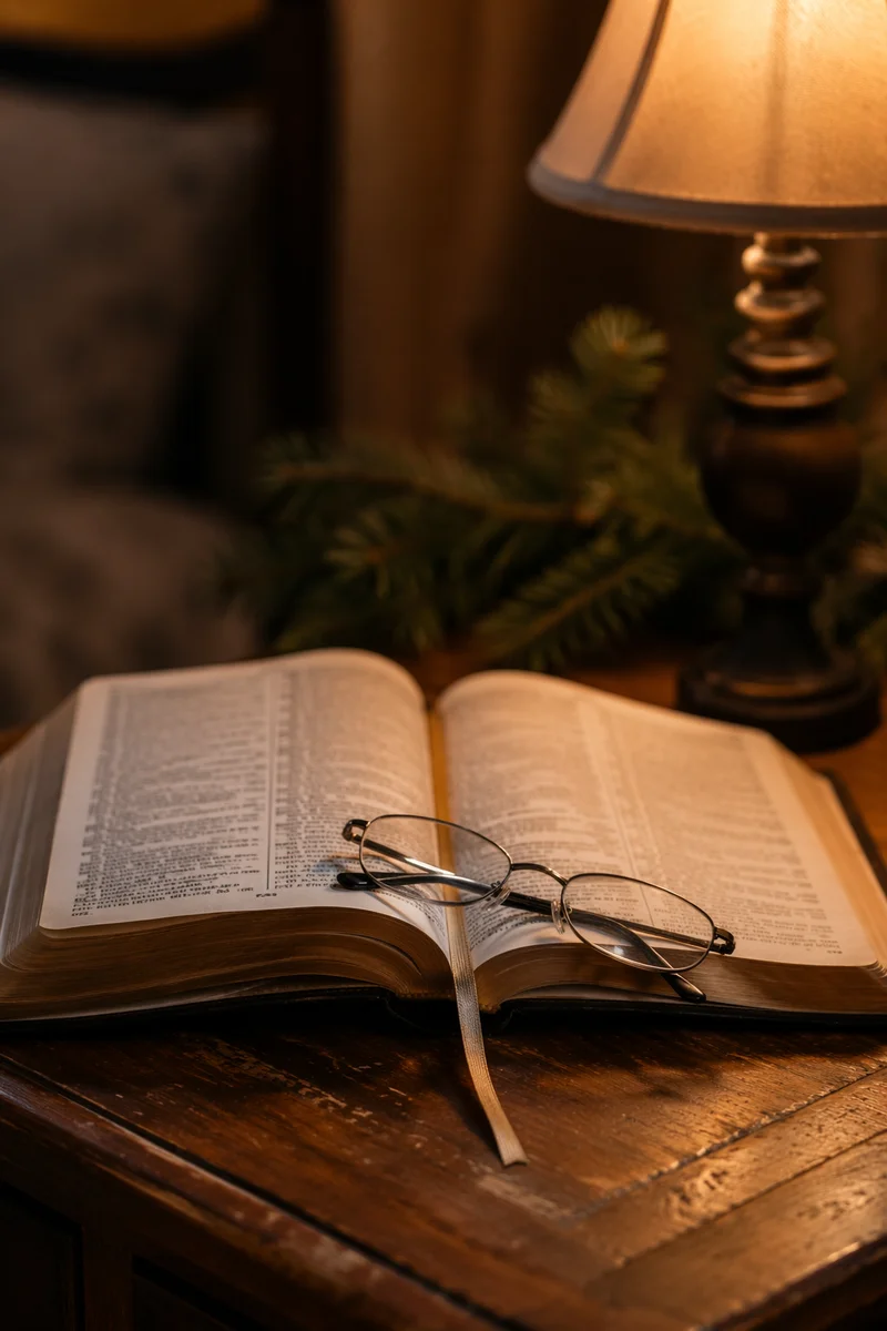 Open Bible with Reading Glasses in Warm Light