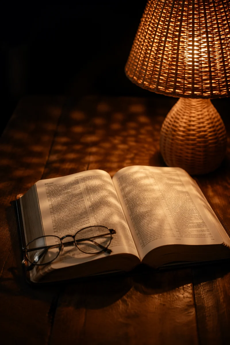 Open Bible with Glasses in Warm Lamp Light