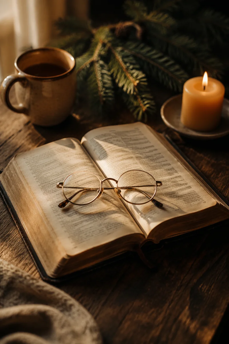 Open Bible with Glasses in Warm Morning Light