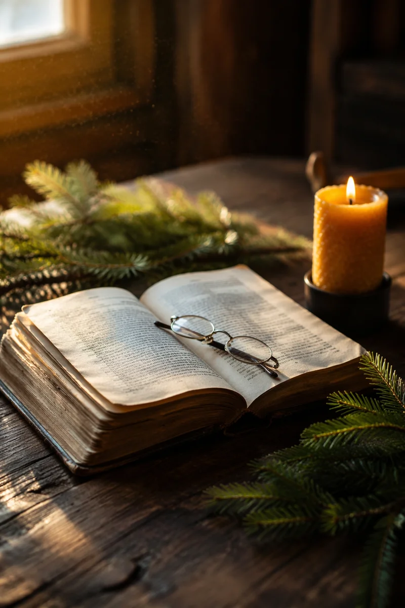 Open Bible with Glasses in Warm Light