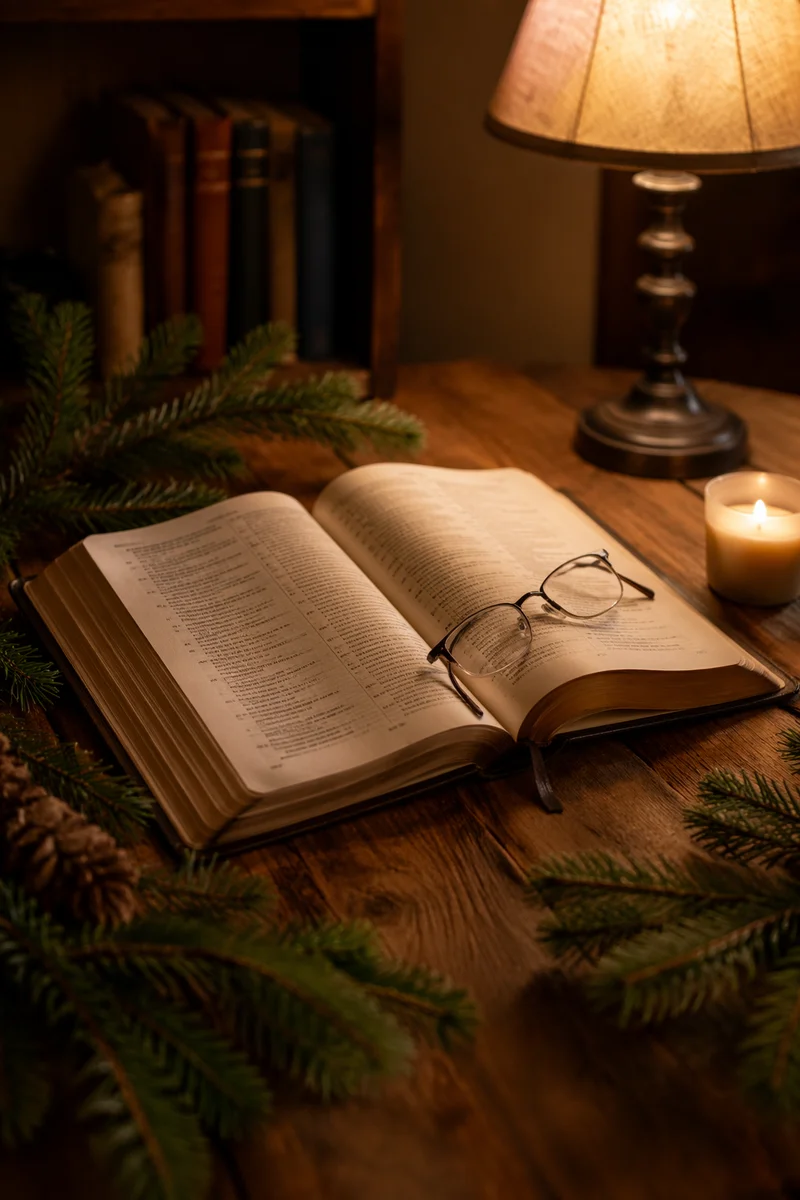 Open Bible with Glasses and Candlelight