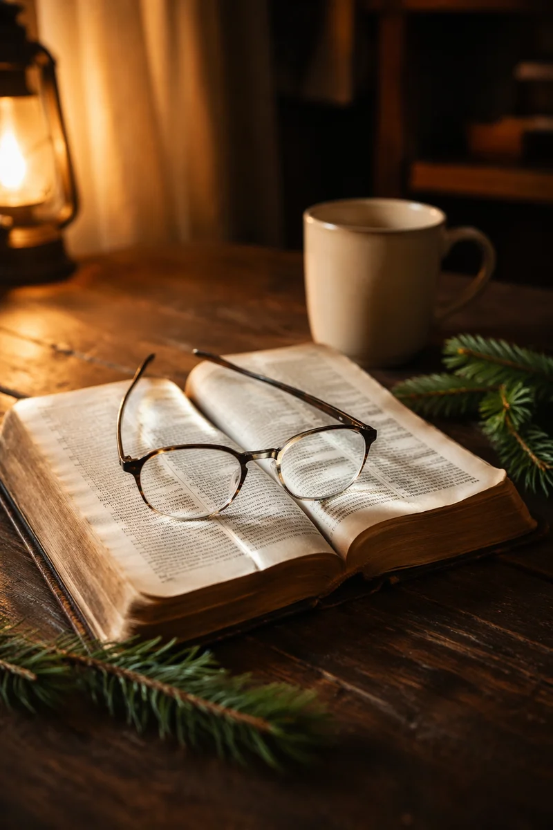 Open Bible with Glasses in Warm Light