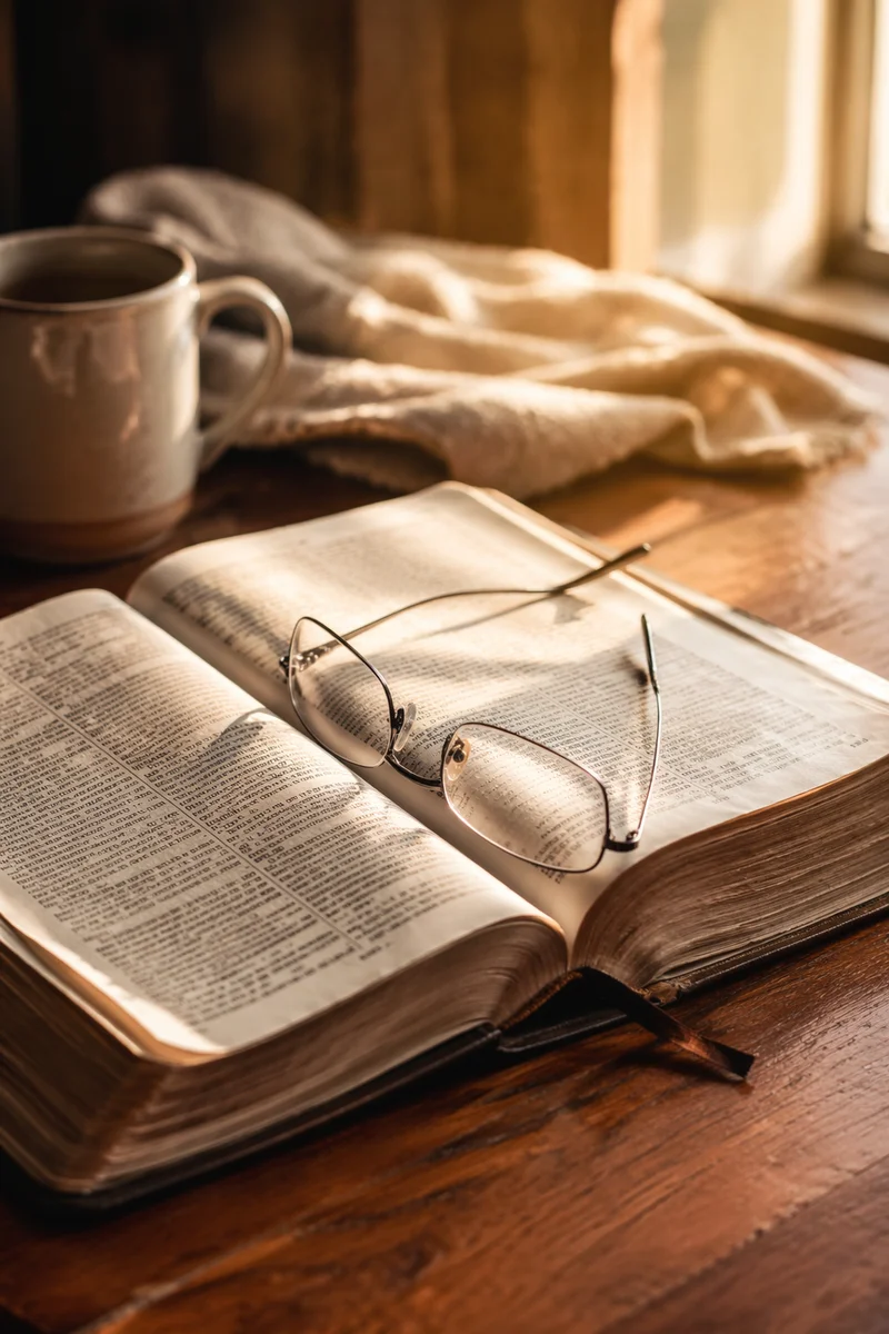 Open Bible with Glasses in Warm Light