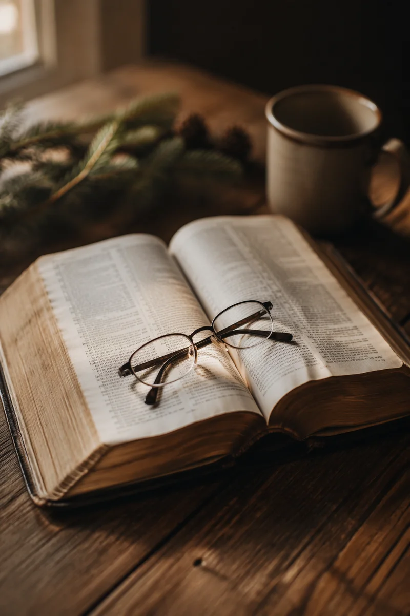 Open Bible with Reading Glasses in Warm Light