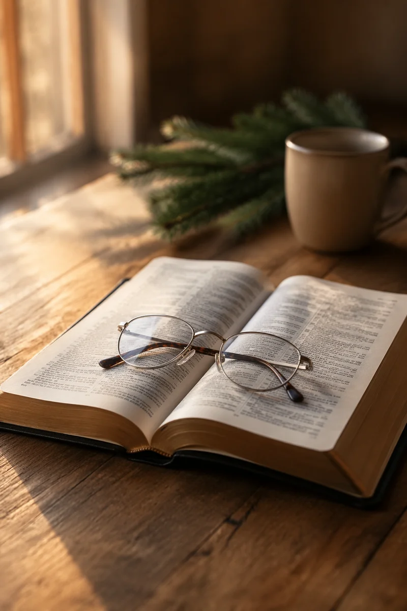 Open Bible with Reading Glasses in Warm Light