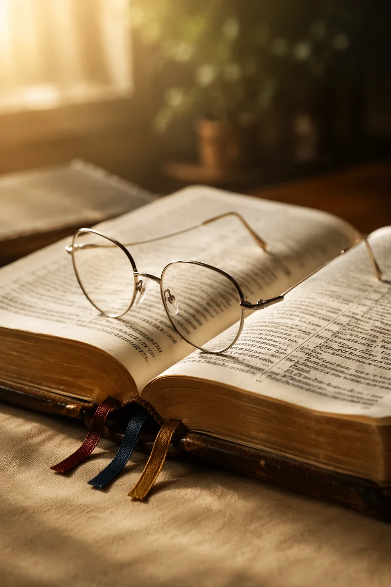 Open Bible with Reading Glasses in Warm Light