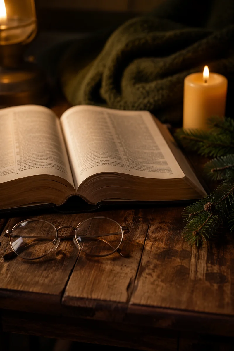 Open Bible with Glasses in Warm Light