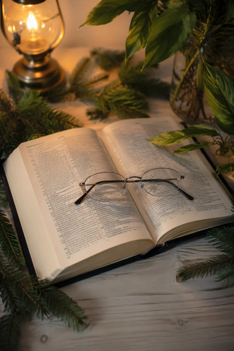 Open Bible with Glasses in Warm Lamplight