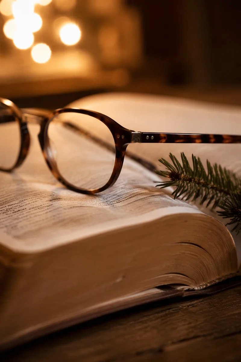 Open Bible with Glasses in Warm Light