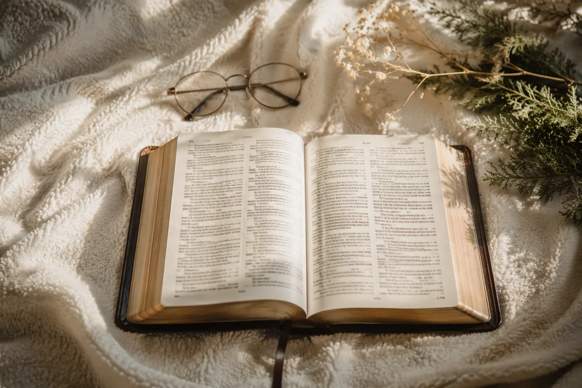 Open Bible With Glasses in Warm Light