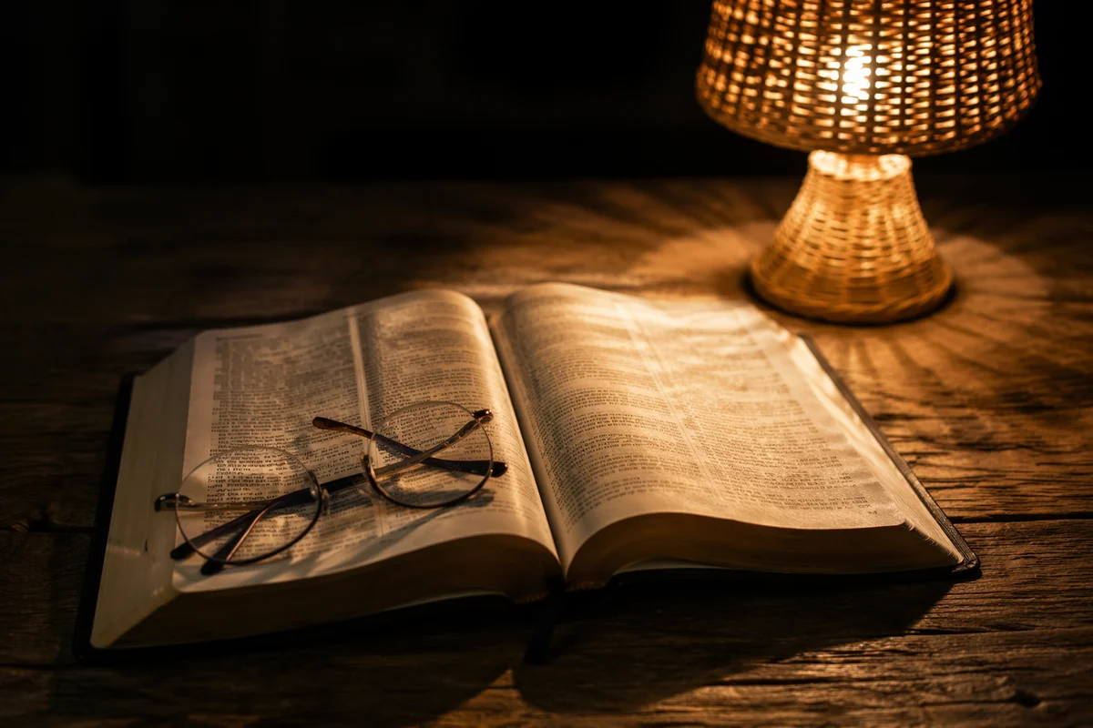 Open Bible With Glasses in Warm Lamplight