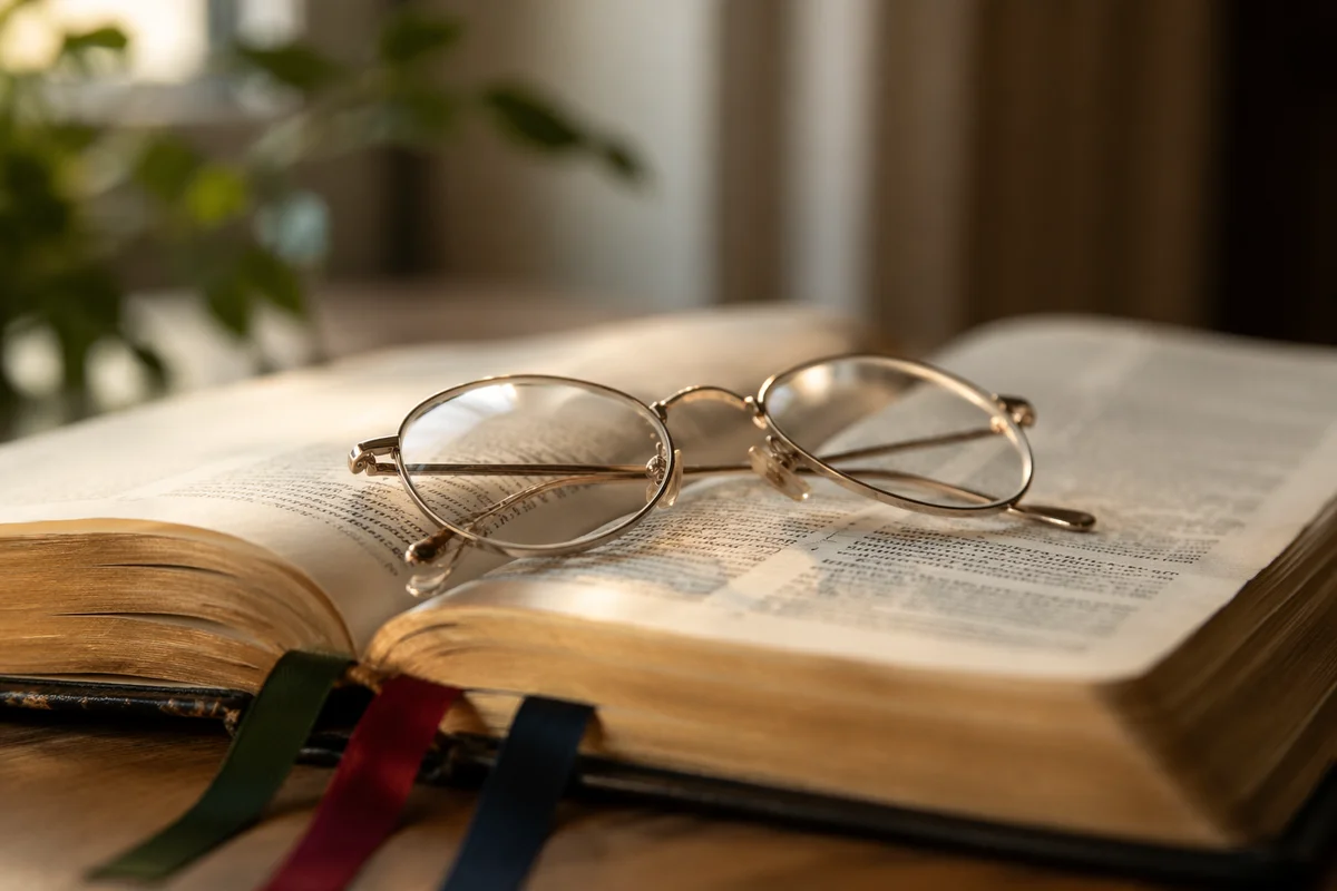 Open Bible With Reading Glasses in Warm Light