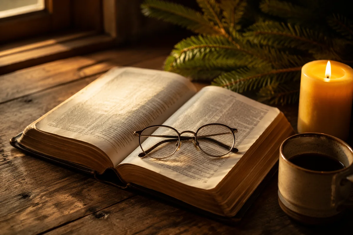 Open Bible with Glasses in Warm Morning Light