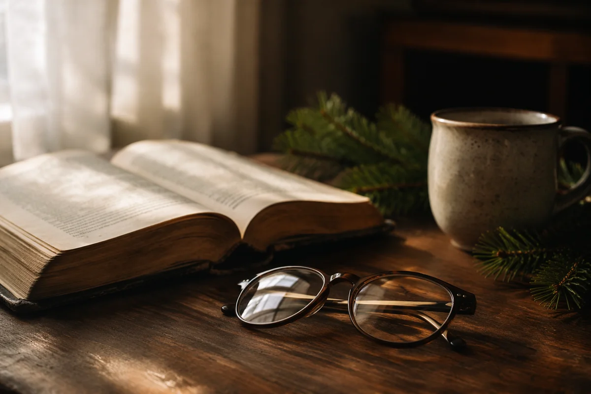 Open Bible and Glasses in Warm Morning Light