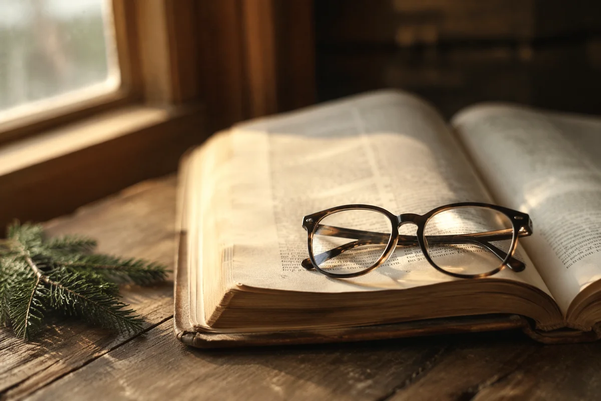 Open Bible with Reading Glasses in Warm Light