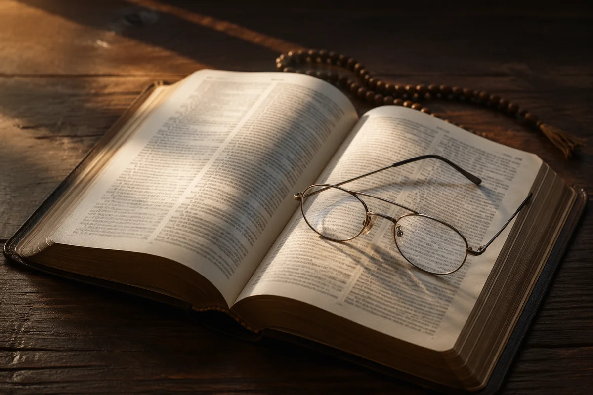 Open Bible With Reading Glasses in Warm Light