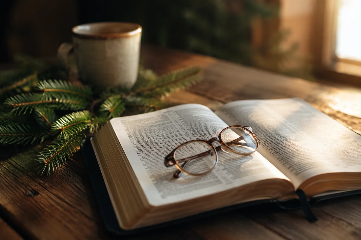 Open Bible with Reading Glasses in Warm Light