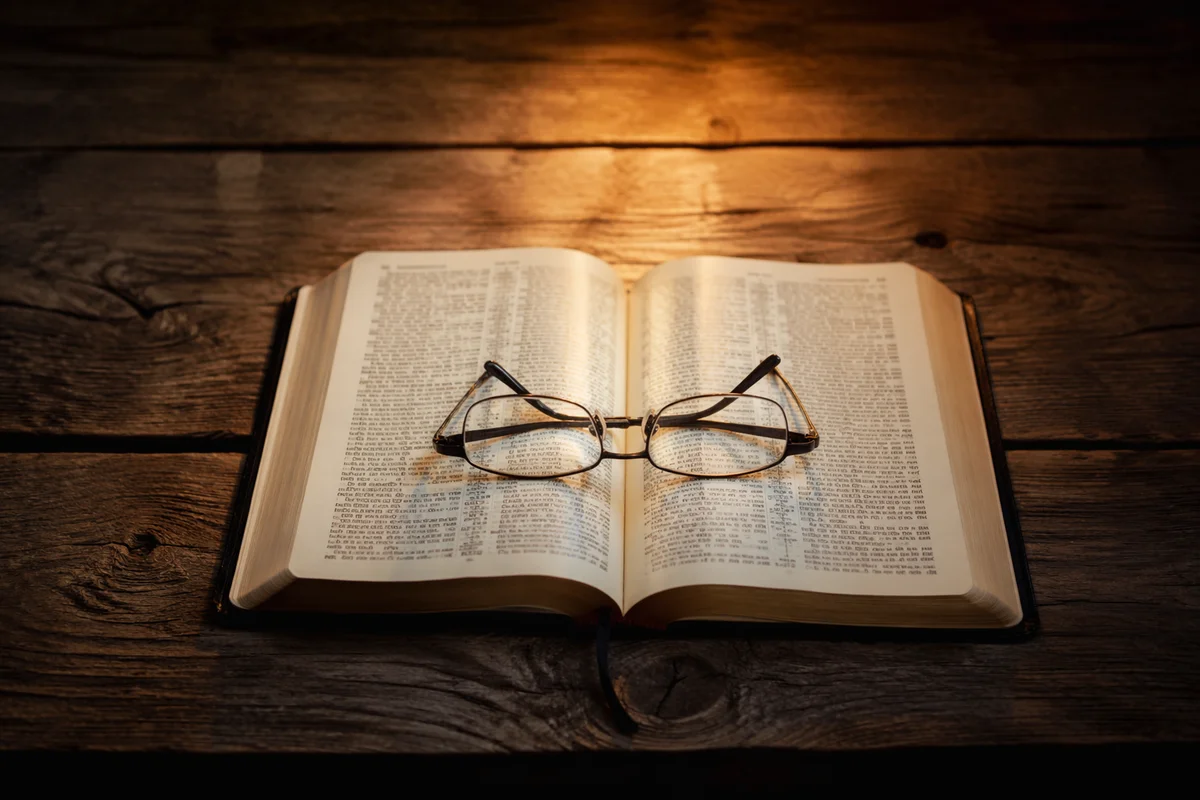 Open Bible with Reading Glasses in Warm Light
