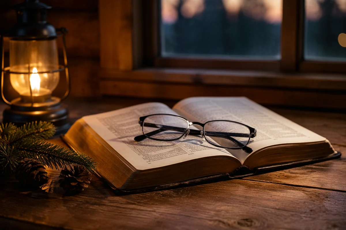 Open Bible with Glasses in Warm Light