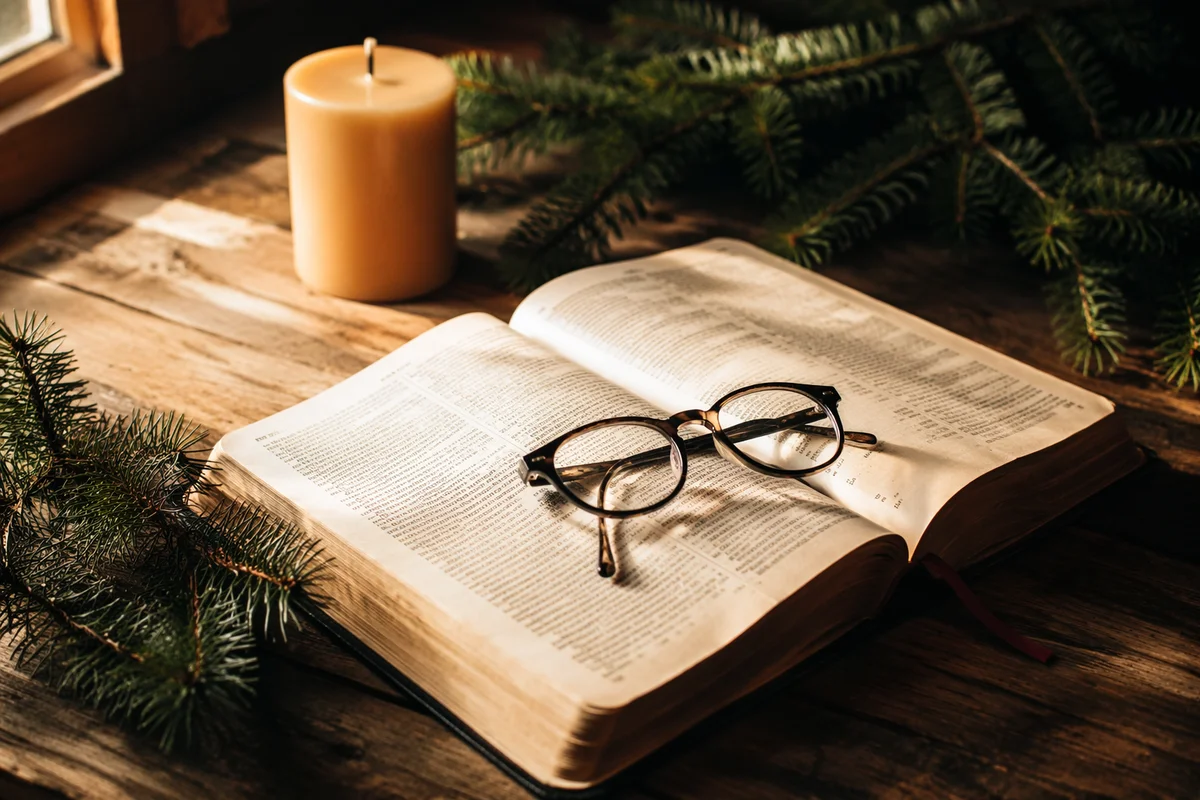 Open Bible with Reading Glasses in Warm Light