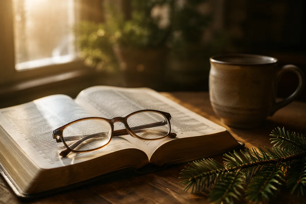 Open Bible with Reading Glasses in Warm Light